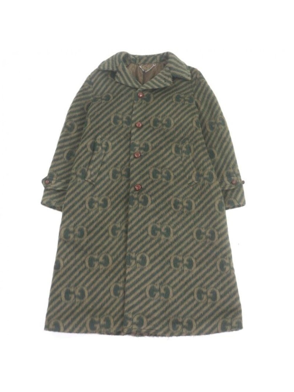 Gucci Llama Wool GG Stripe Covered Button Long Chester Coat Green 48